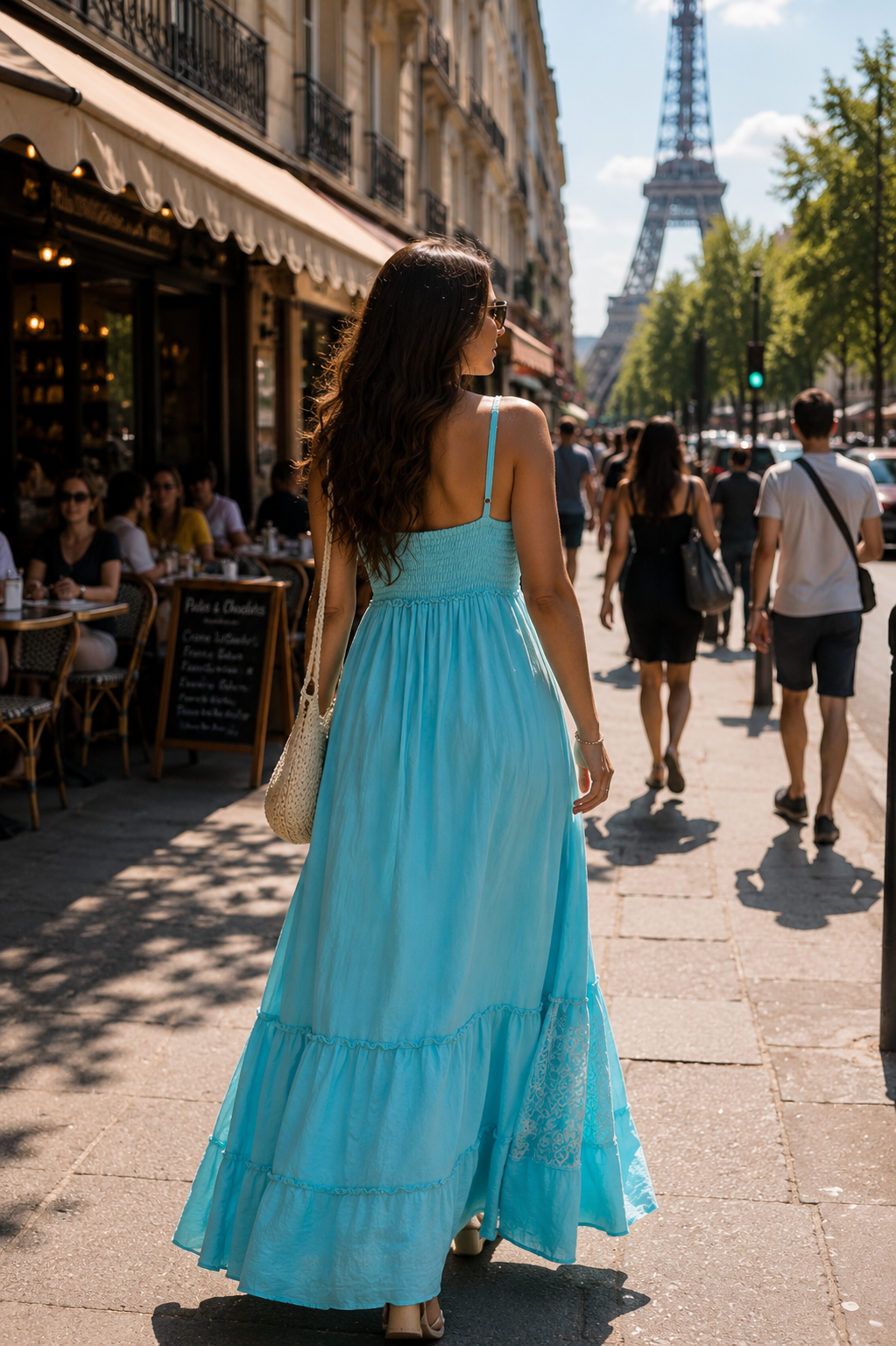 V Neck Embroidery  Work Boho Printed Maxi Dress- Azure de Paris