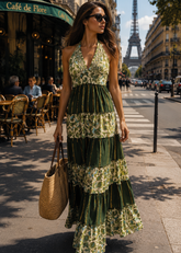 Halter Neck Multi Panel Embroidery Hand Work Boho printed Maxi Dress in Olive Reverie