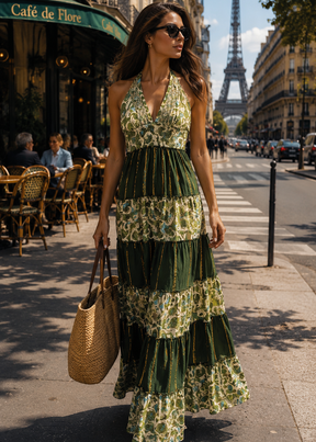 Halter Neck Multi Panel Embroidery Hand Work Boho printed Maxi Dress in Olive Reverie