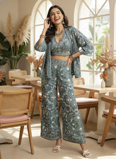 Boho Printed Bell Sleeves Kimono Coordinate Set - Teal Mirage