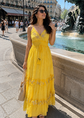 V Neck Embroidery Hand Work Boho Printed Maxi Dress- Wild Sunflower Maxi