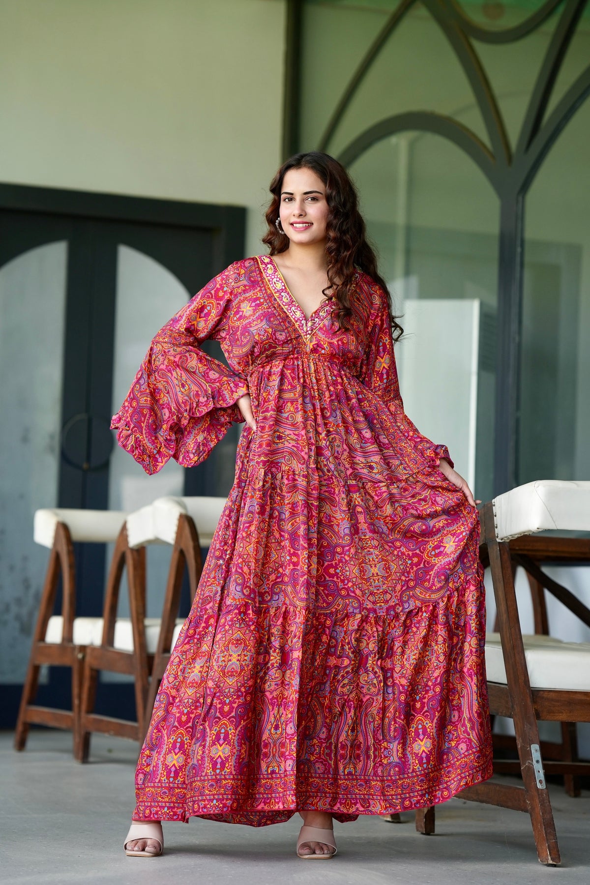 Ruffle Sleeves Boho Maxi Dress- Ruby Red Royalty