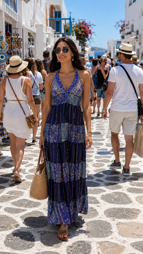 Halter Neck Multi Panel Embroidery Hand Work Boho printed Maxi Dress in Blue Haven Luxe