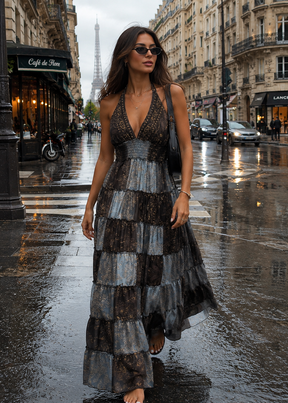 Halter Neck Multi Panel Boho printed Maxi Dress in Boheme Eclipse
