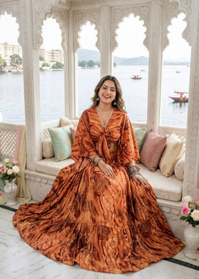 Wrap Top Boho Printed Co-ord Set in Burnt Sienna