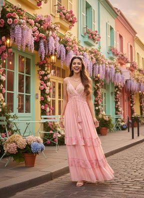 V Neck Embroidery Hand Work Boho Printed Maxi Dress- Golden Petal