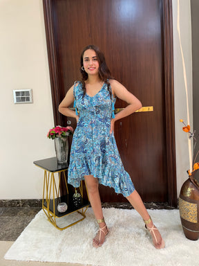Frilled Flair Boho Printed Short Dress- Blue