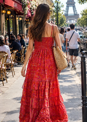 V Neck Boho Printed Embroidery Hand Work Breeze Maxi Dress-   🗼Eiffel Boho Muse