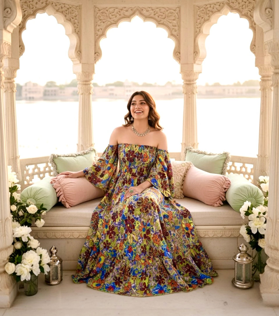 Bare-Shoulder Beauty Dress - Emerald Flora