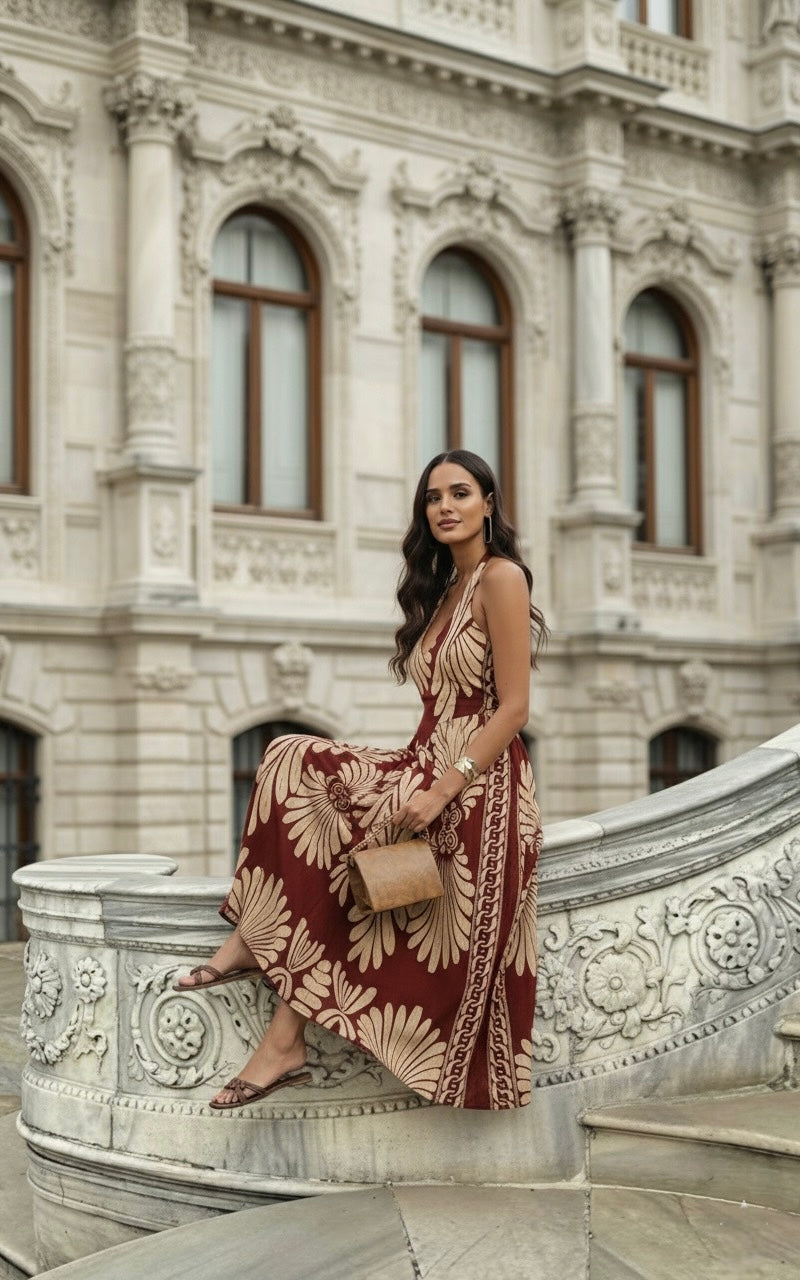 Printed Cotton Maxi Dress in Maroon Mirage