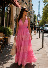 Halter Neck Multi Panel Embroidery Work Boho Maxi Dress in Pink Lumière 🌸