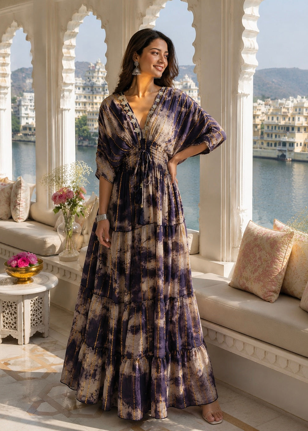 ⭐️Best Seller -Balloon Pattern Embroidery Boho Printed Hand Work Maxi Dress - Golden Twilight