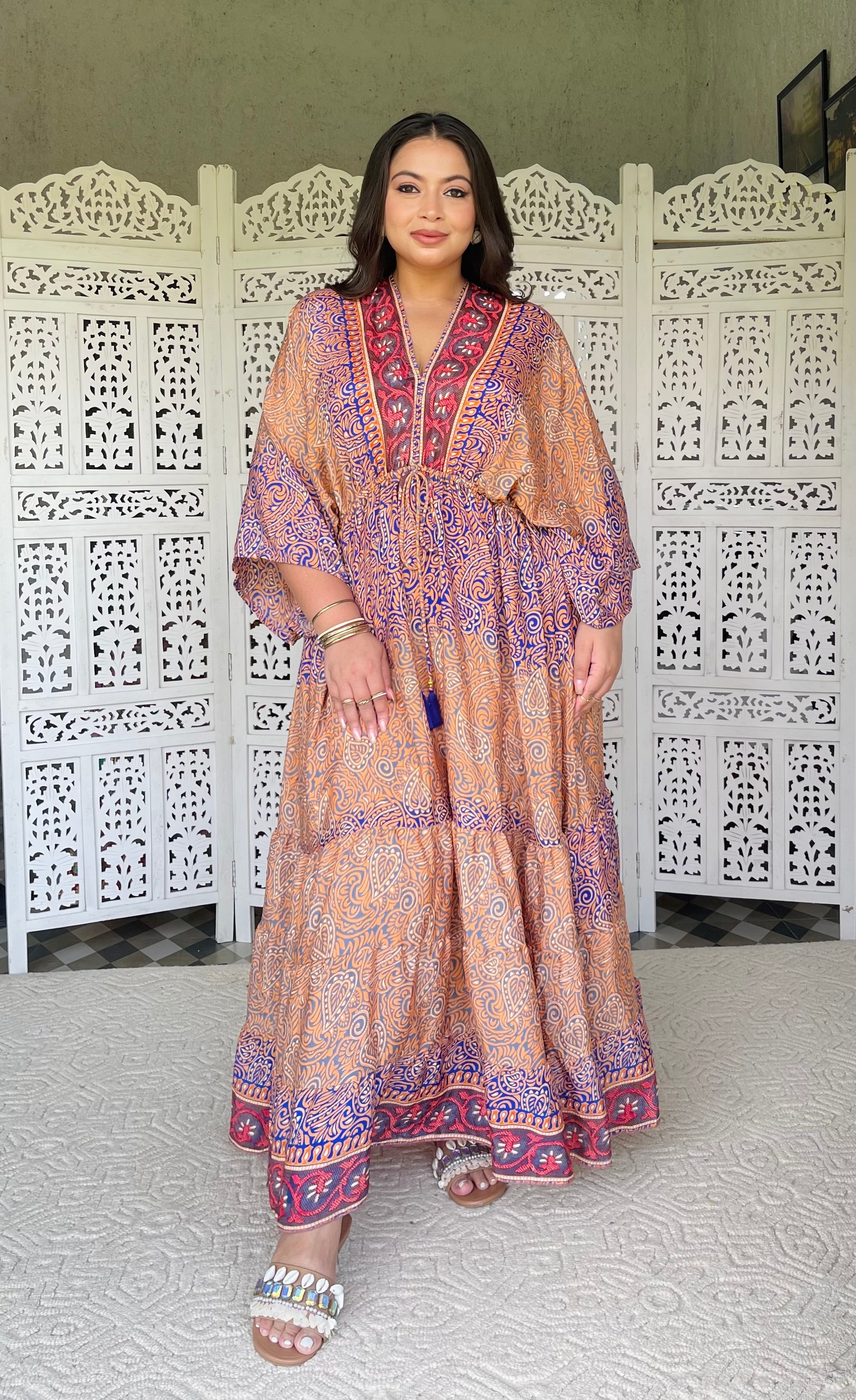 SmisingBee Curve Kaftan Pattern Boho Printed Maxi Dress - Tropical Twilight