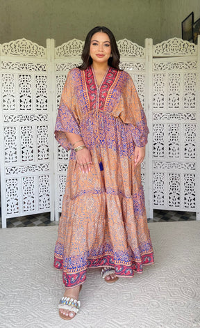 SmisingBee Curve Kaftan Pattern Boho Printed Maxi Dress - Tropical Twilight