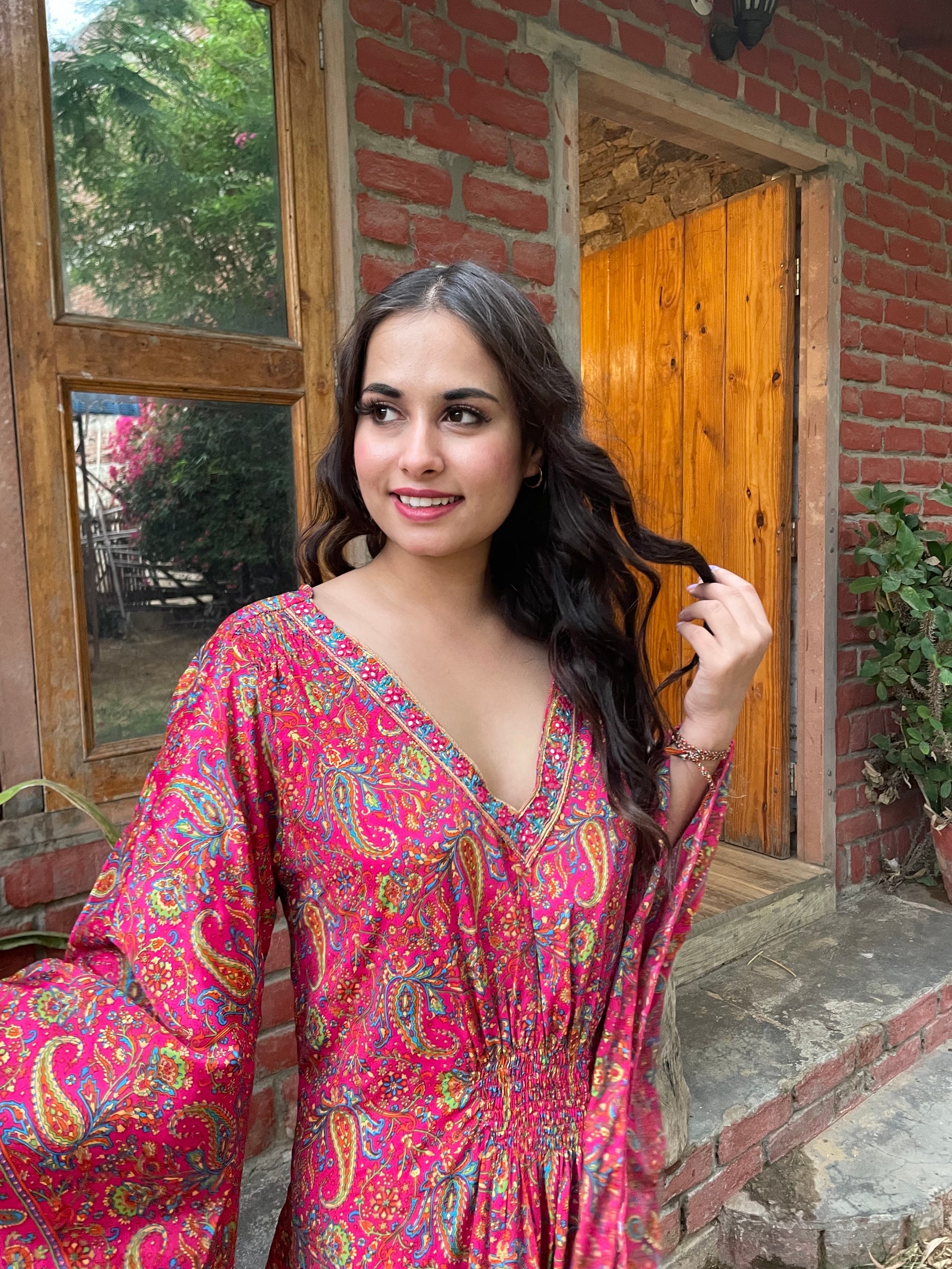 Embroidery Neckline Boho Printed Maxi Dress