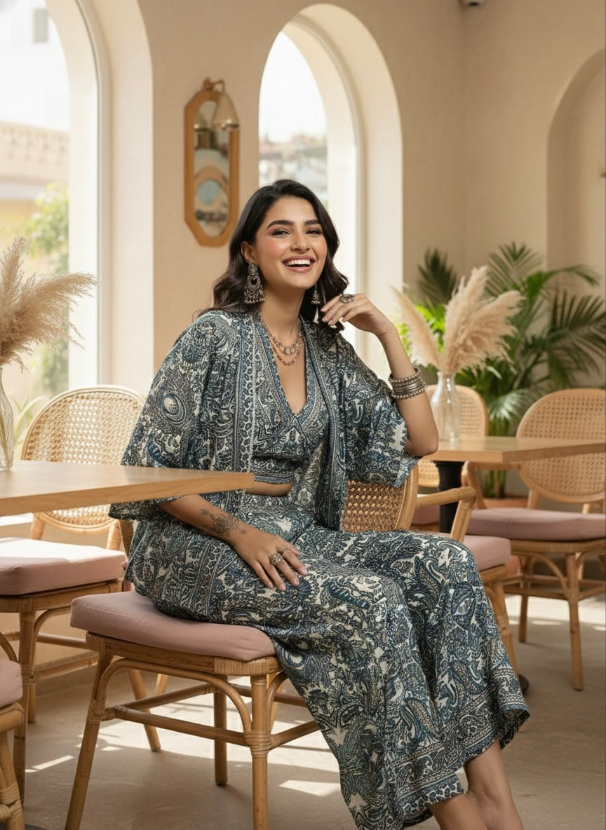 Boho Printed Bell Sleeves Kimono Coordinate Set - Teal Mirage