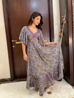 Deep V neck gold (foil) print featured boho maxi dress-Smisingbee