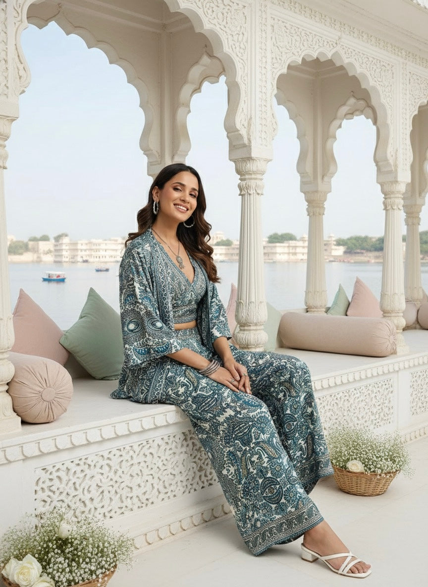 Boho Printed Bell Sleeves Kimono Coordinate Set - Teal Mirage