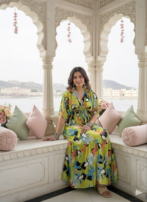 Balloon Pattern Boho Printed Maxi Dress - Vibrant Parrot Green