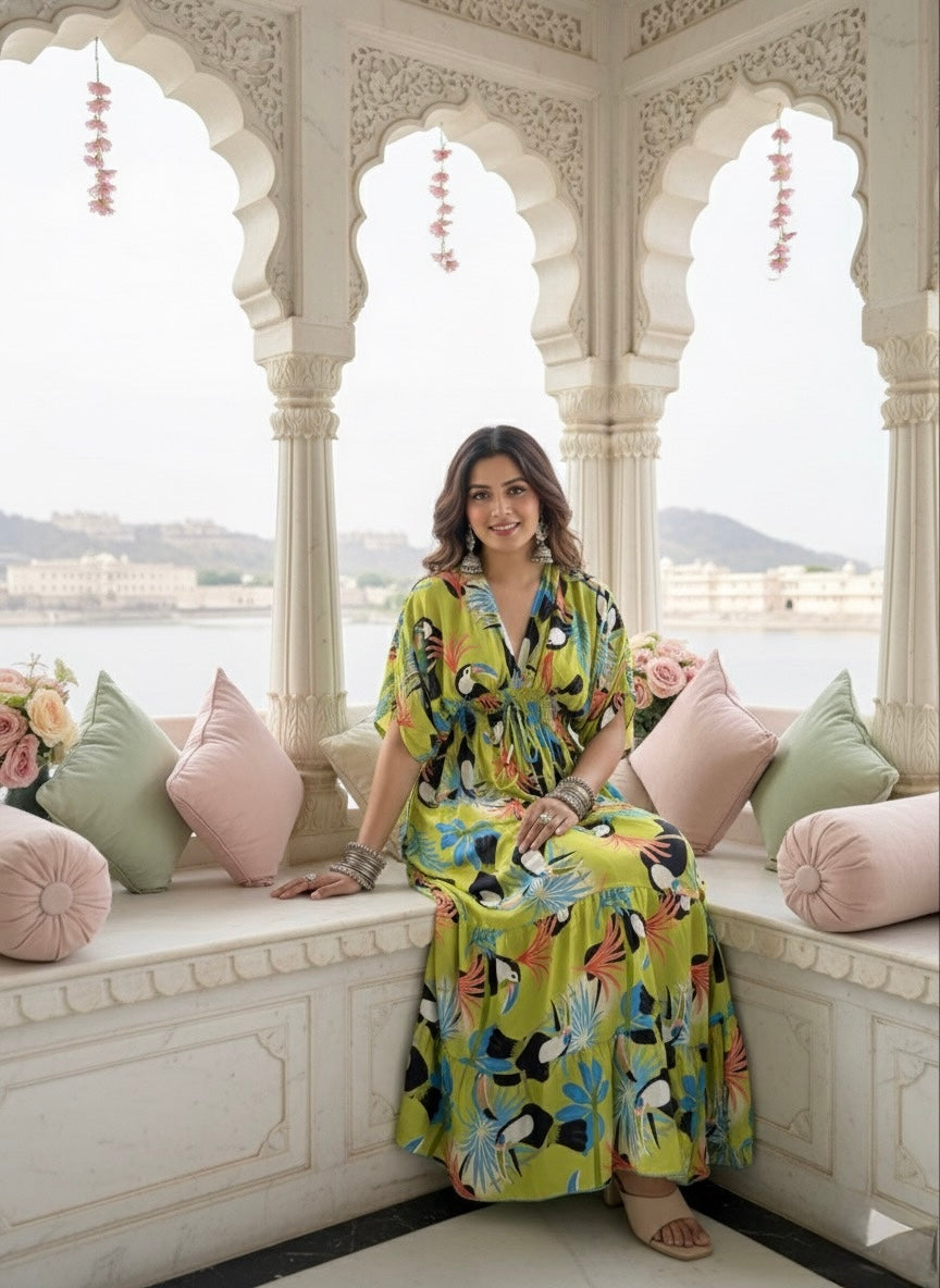 Balloon Pattern Boho Printed Maxi Dress - Vibrant Parrot Green