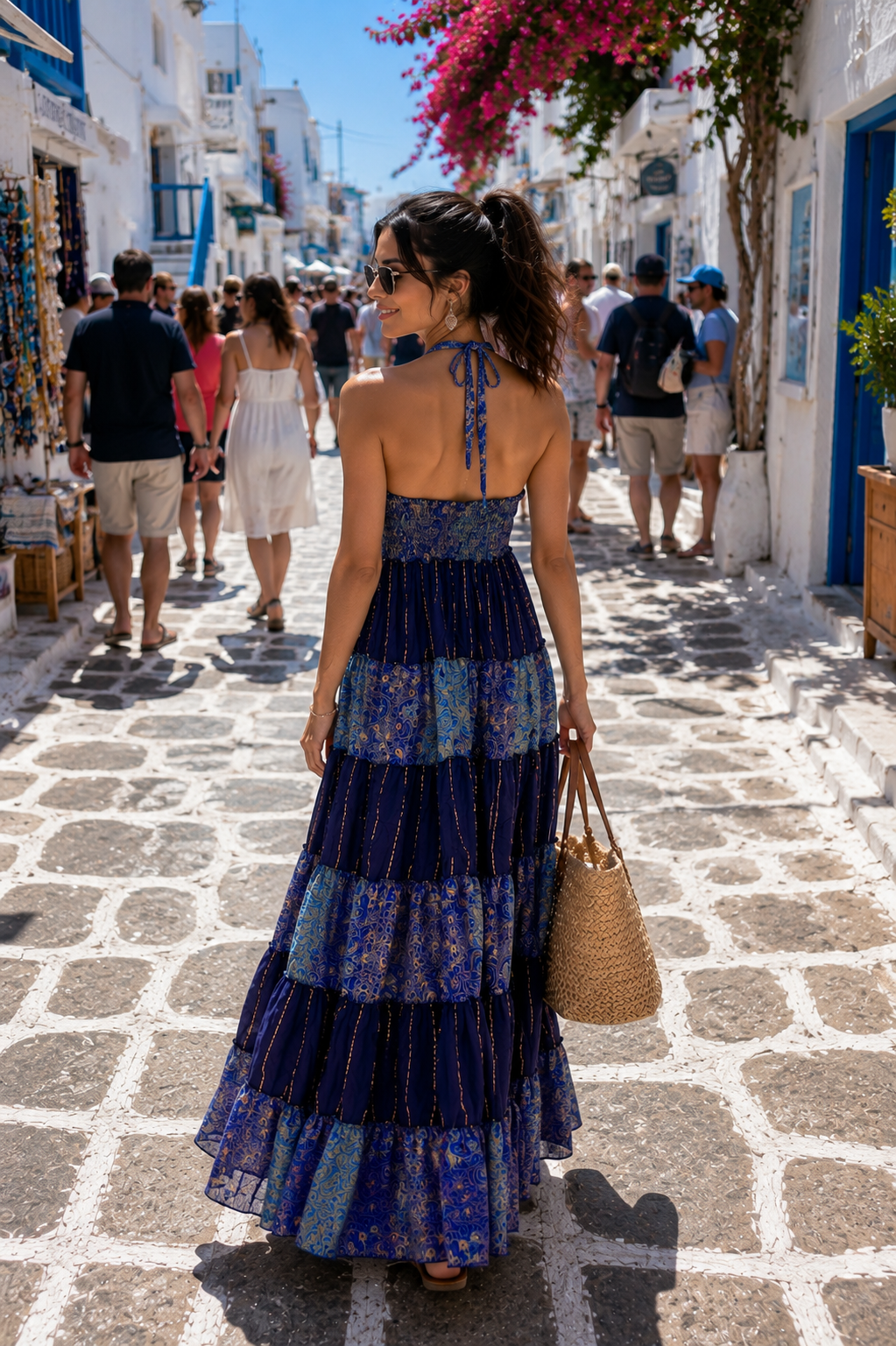 Halter Neck Multi Panel Embroidery Hand Work Boho printed Maxi Dress in Blue Haven Luxe