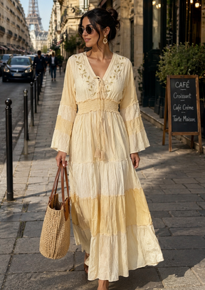 Embroidery Hand Work Bell Sleeves Maxi Dress -     Ivory Serenity