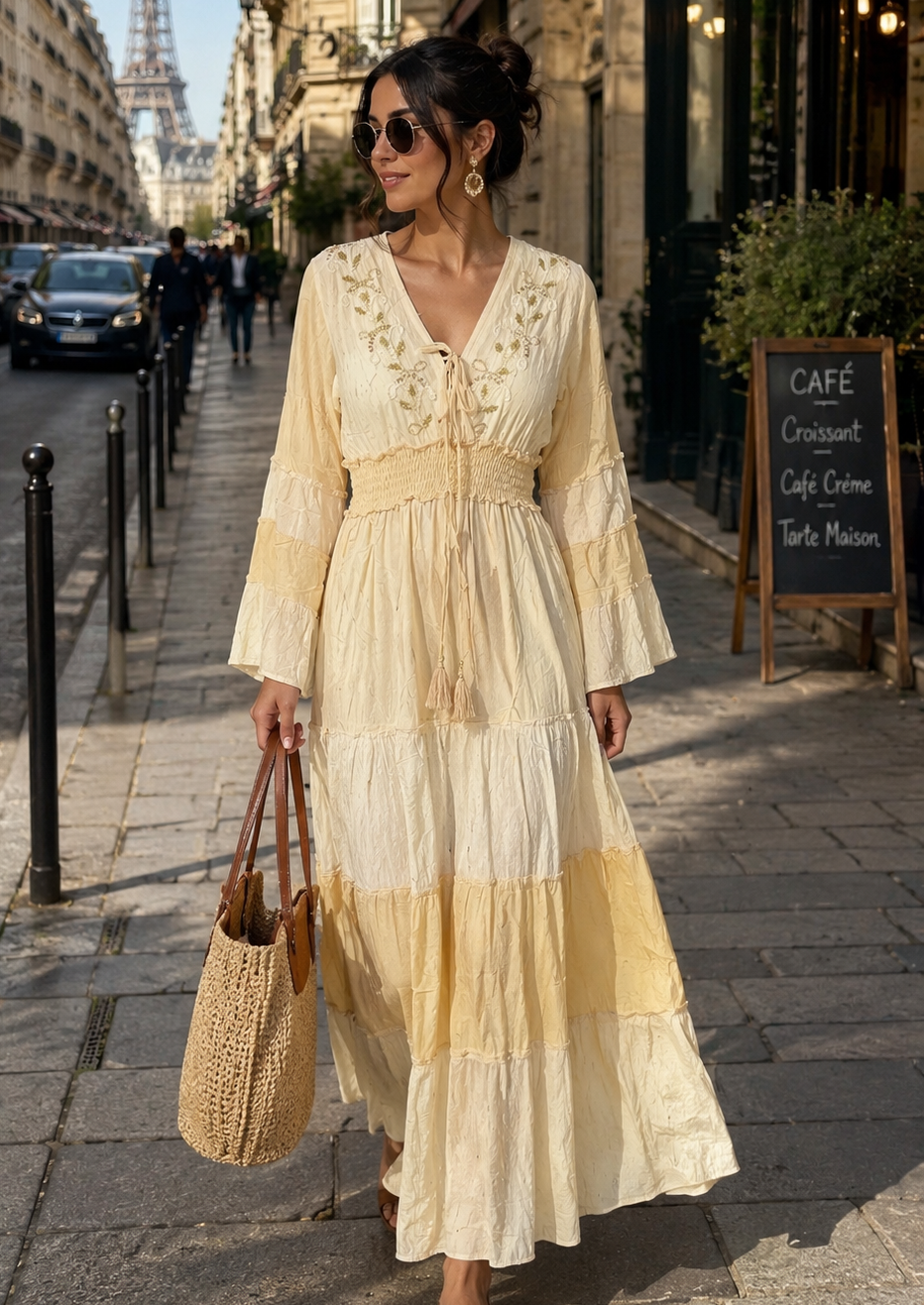 Embroidery Hand Work Bell Sleeves Maxi Dress -     Ivory Serenity