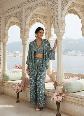 Boho Printed Bell Sleeves Kimono Coordinate Set - Teal Mirage