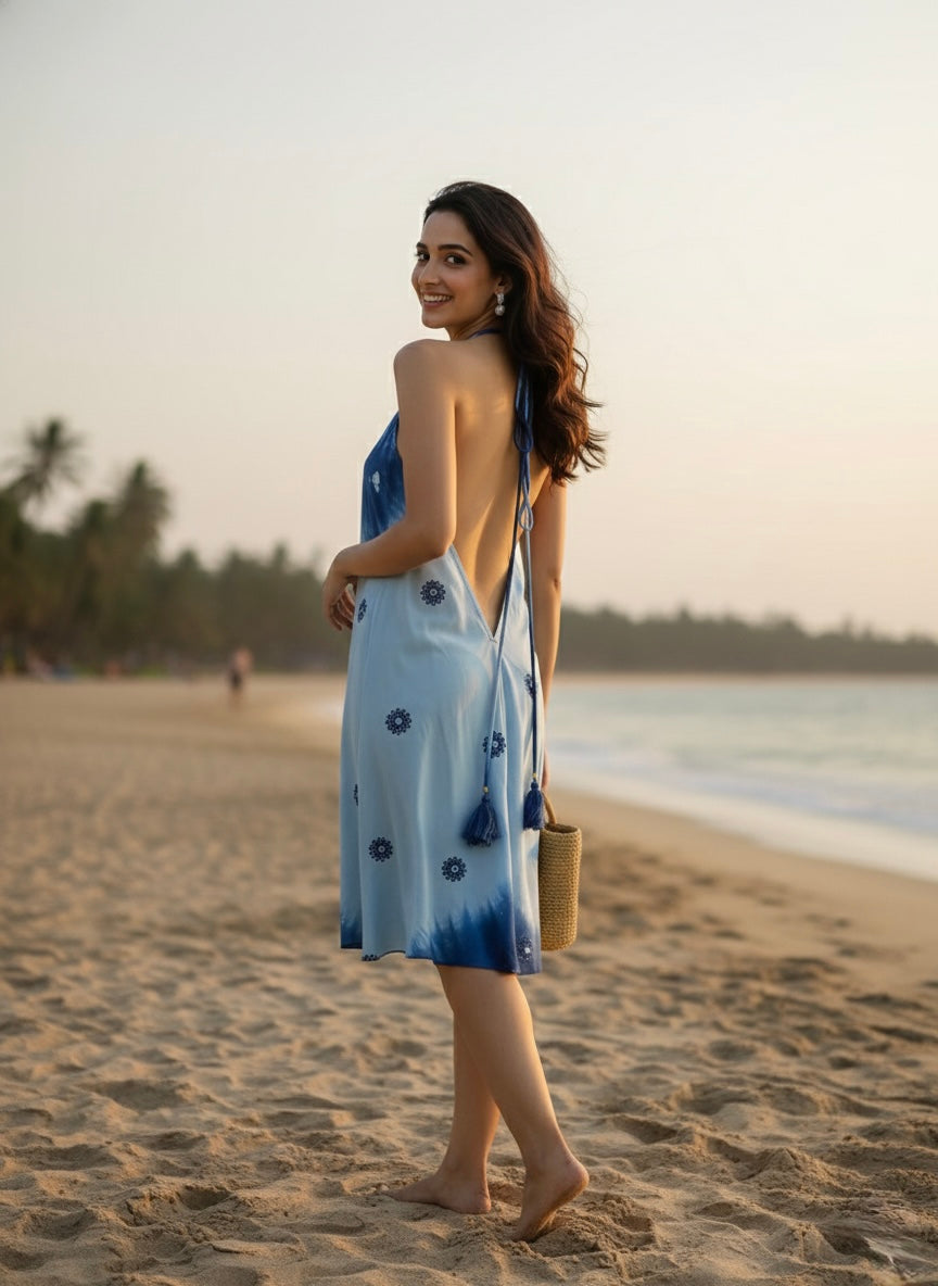 Embroidery work Short Tie Back Backless Maxi Dress - Ocean Bloom