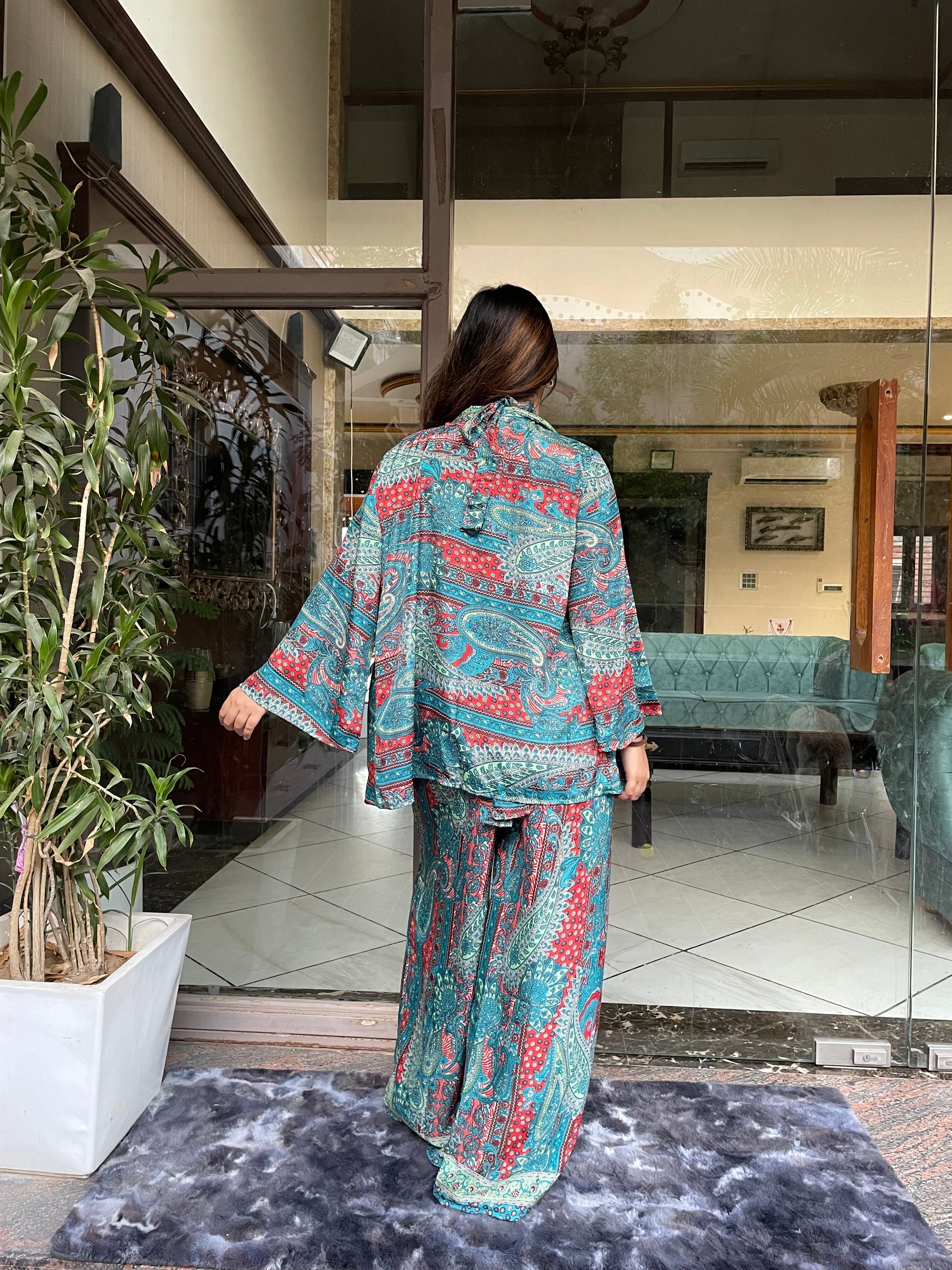 Boho Printed Bell Sleeves Kimono Coordinate Set - Deep Seaglass