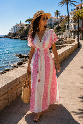 Embroidery Featured Rayon Lurex Boho Printed Maxi Dress in Pink Rosé Coast