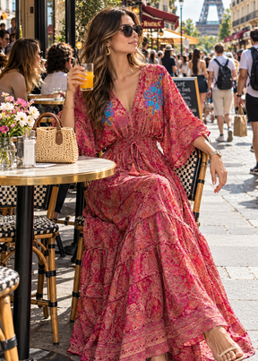 💞Hand Work Embroidered Kaftan Boho Printed Maxi Dress in Pink Gypsy Soul