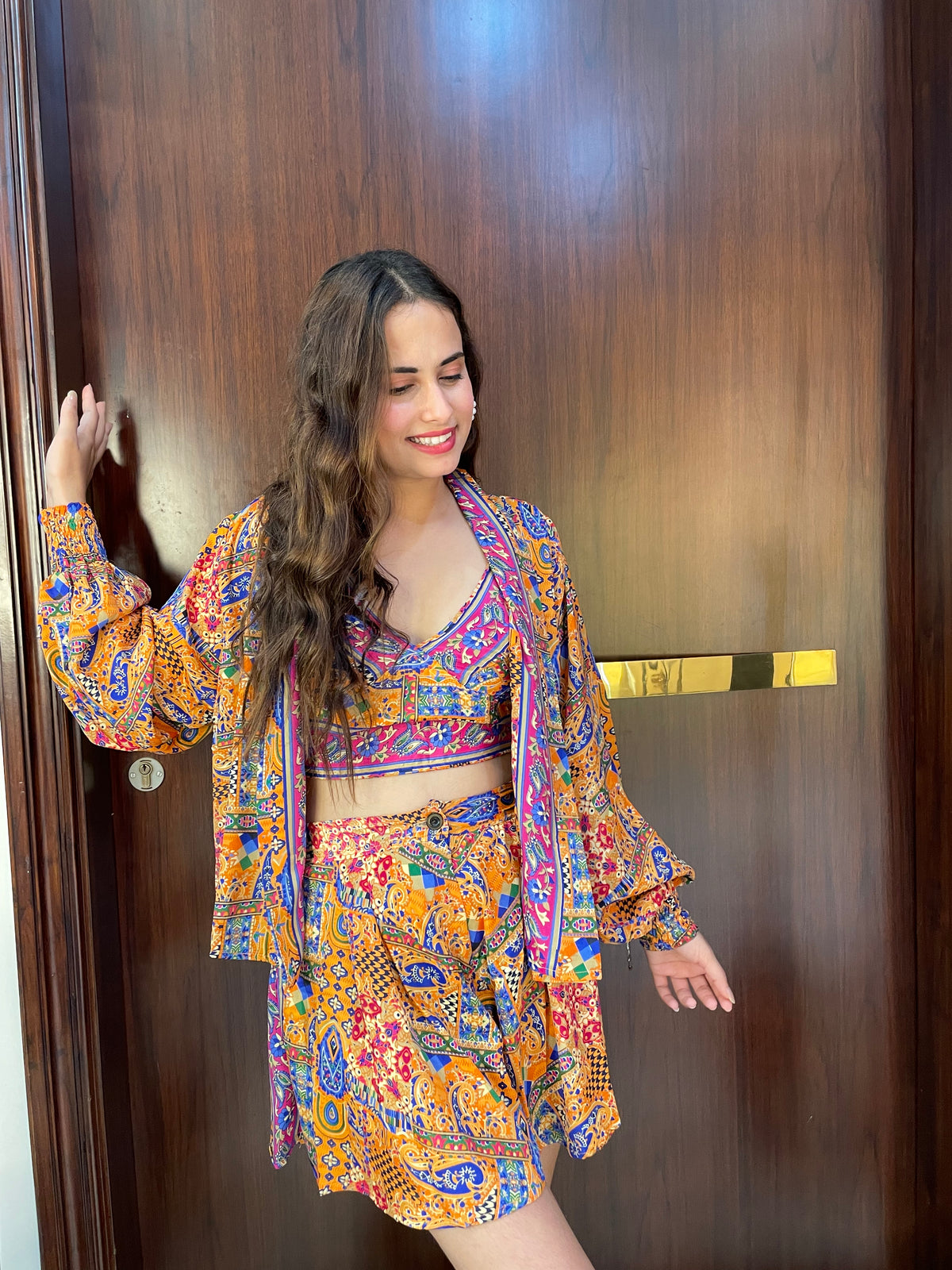 Puff Sleeves Kimono and Shorts Coordinate Set (3 Piece)- Orange
