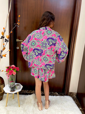 Puff Sleeves Kimono and Shorts Coordinate Set (3 Piece)- Pink
