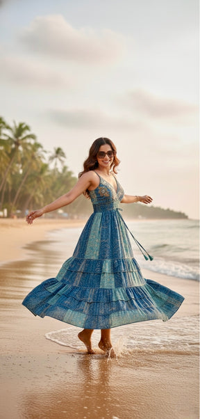 🔥Trending - Two-Shade Azure Boho Maxi Dress