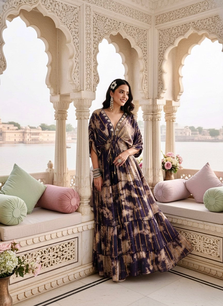 Balloon Pattern Embroidery Boho Printed Hand Work Maxi Dress - Golden Twilight