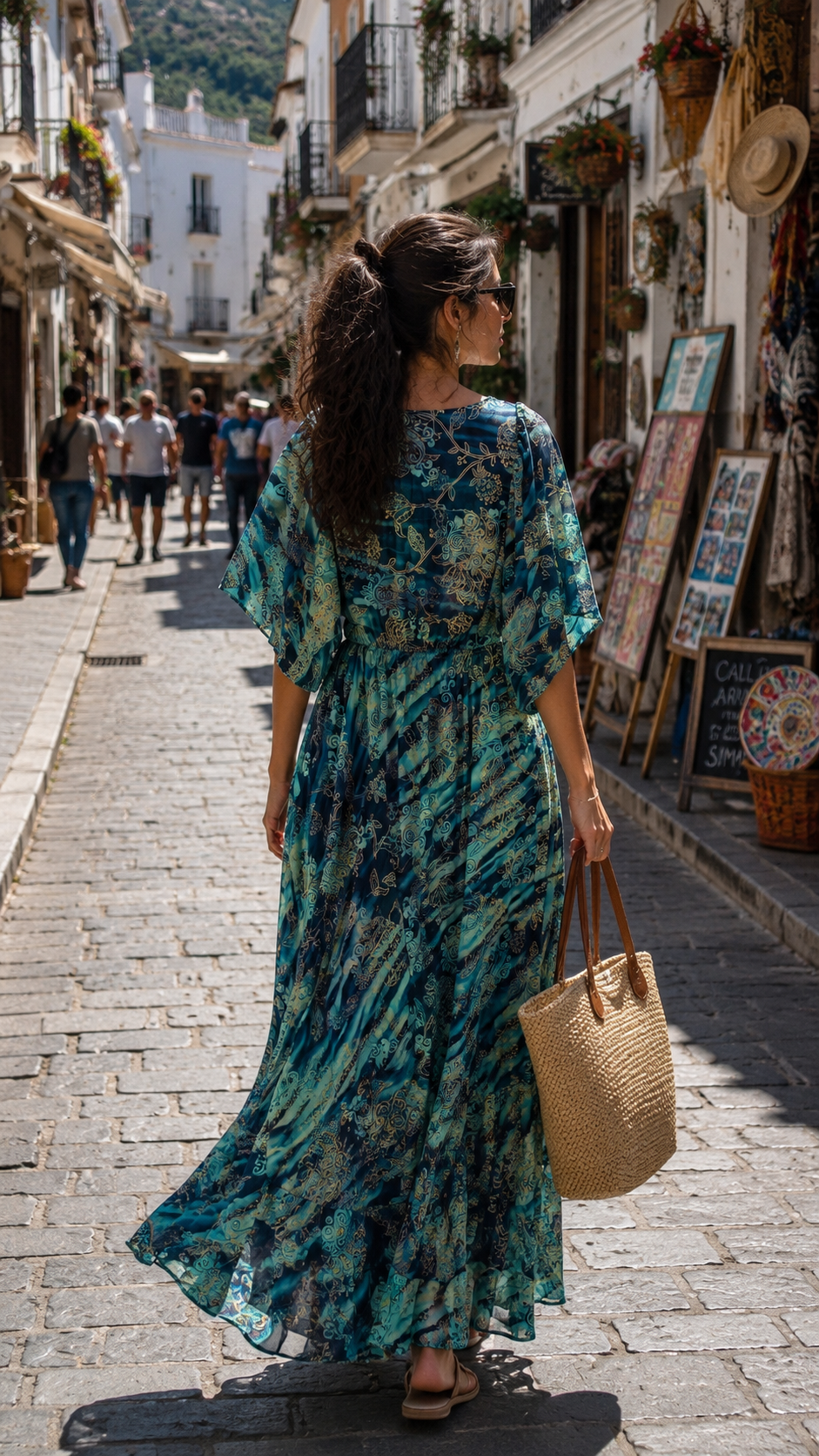 Boho Printed Butterfly Sleeves  maxi dress in Ocean Muse
