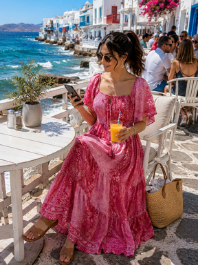 Elasticated Bust Boho Printed Maxi Dress -Pink Lagoon Luxe