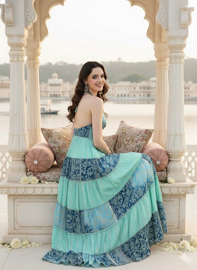 Halter Neck Multi Panel Embroidery Hand Work Boho printed Maxi Dress in Turquoise Trails