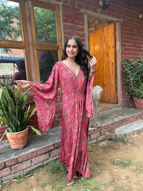 Embroidery Neckline Boho Printed Maxi Dress