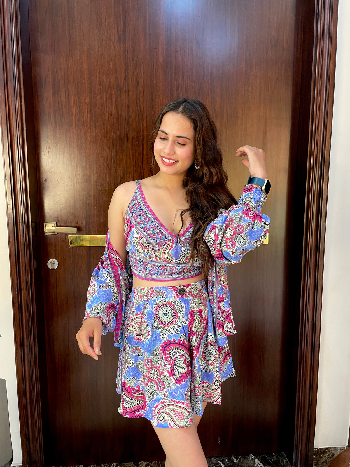 Puff Sleeves Kimono and Shorts Coordinate Set (3 Piece)- Sky