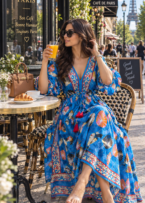 Kaftan Pattern Lurex Maxi Dress in    Lumière Blue
