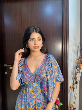Deep V neck gold (foil) print featured boho maxi dress-Smisingbee