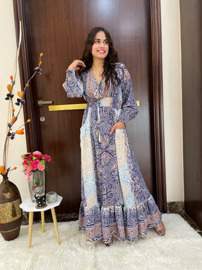 Two shade full sleeves gold(foil)print featured boho maxi dress - Smisingbee