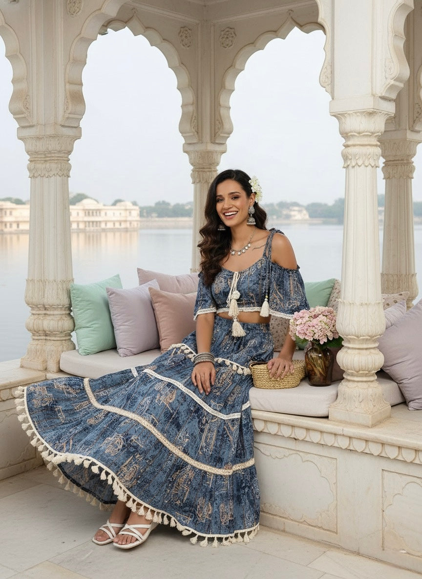 Printed Boho Two Peice Co-ord Set in Teal Blue