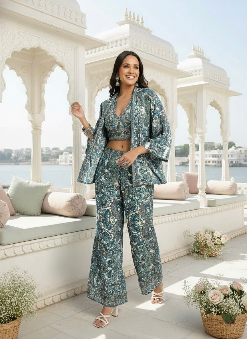 Boho Printed Bell Sleeves Kimono Coordinate Set - Teal Mirage