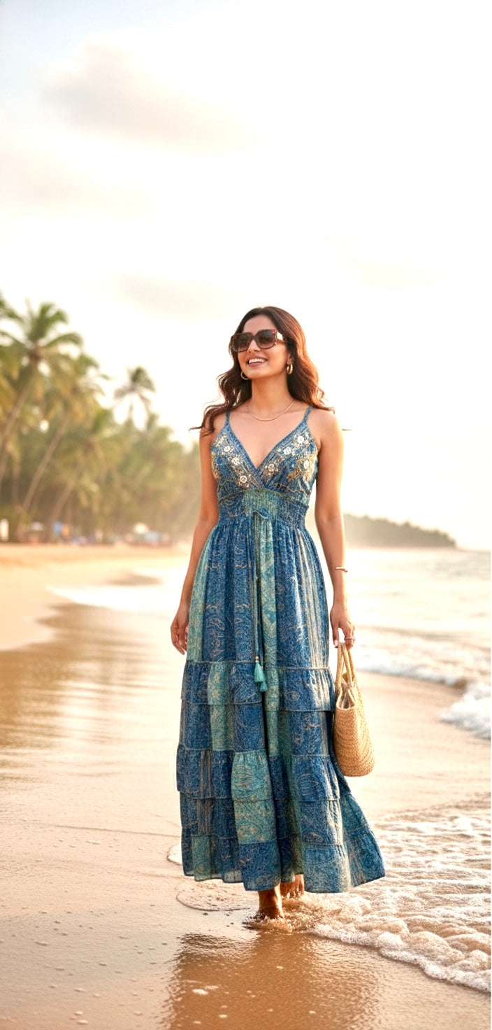 🔥Trending - Two-Shade Azure Boho Maxi Dress
