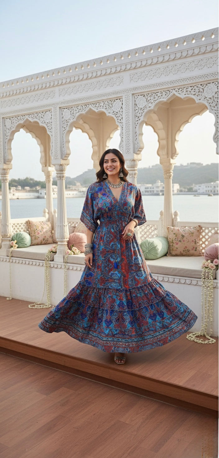 🔥Trending - Blue Bloom Light Kaftan Maxi Dress