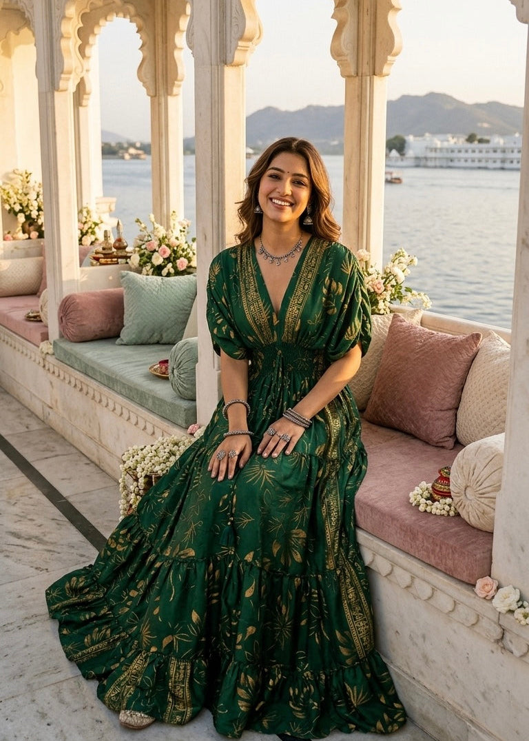 Balloon Pattern Boho Printed Maxi Dress - Royal Forest Glow