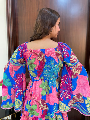 Elasticated Bust Bell Sleeves Boho Printed Short Dress - Blue